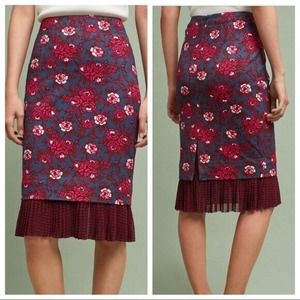 Anthropologie Blue and Red Floral Midi Skirt